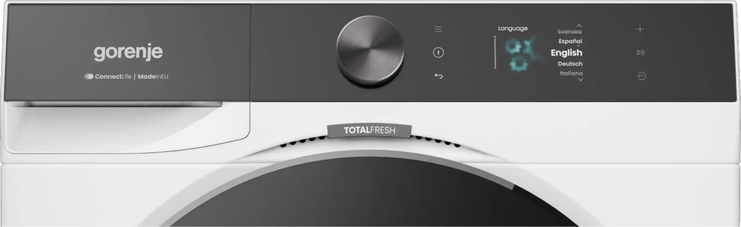 Gorenje mosógép kezelőpanelje, angol nyelv kiválasztva.