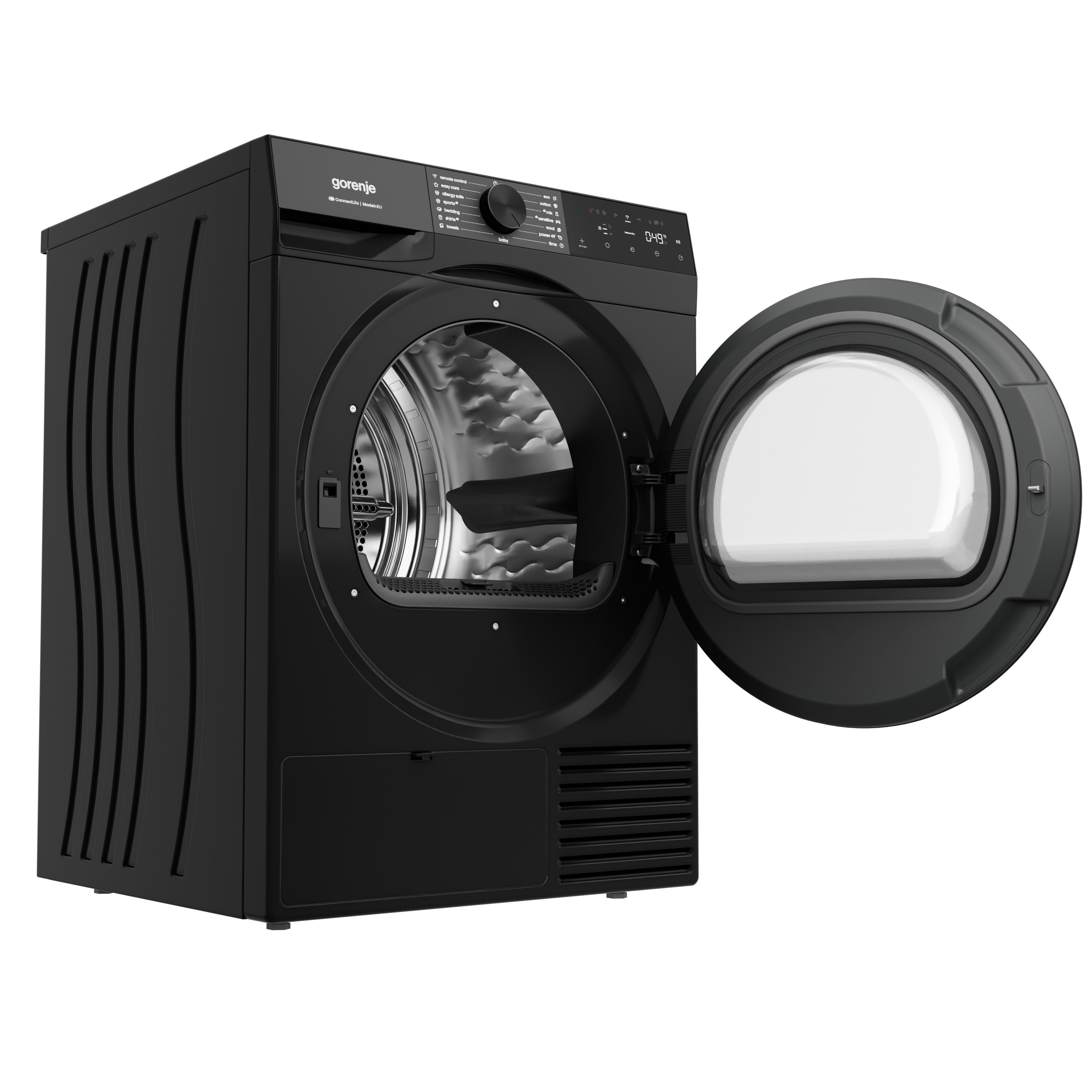 Fekete Gorenje szárítógép nyitott ajtóval és digitális kijelzővel.