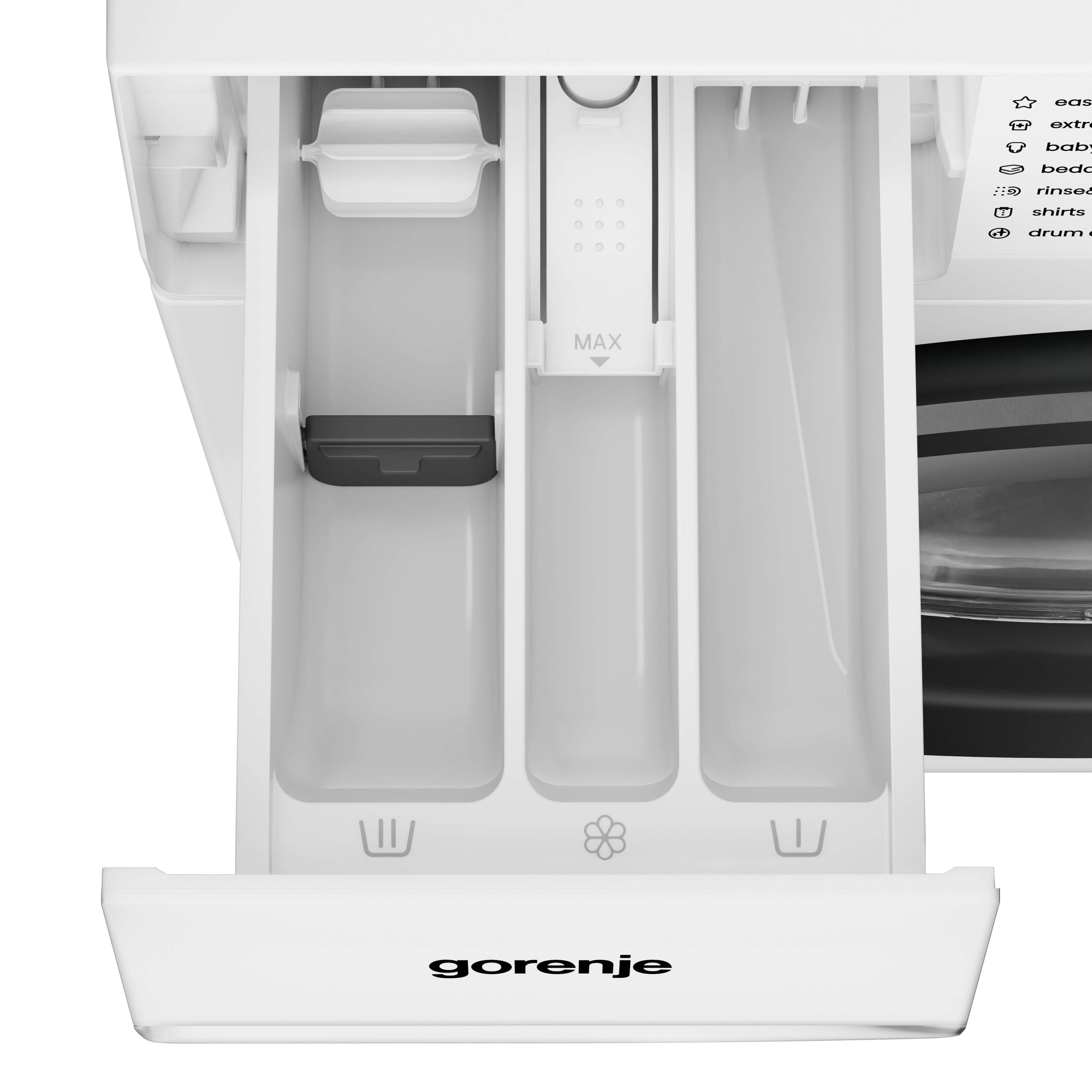 Mosószeradagoló három rekesszel és Gorenje logóval.
