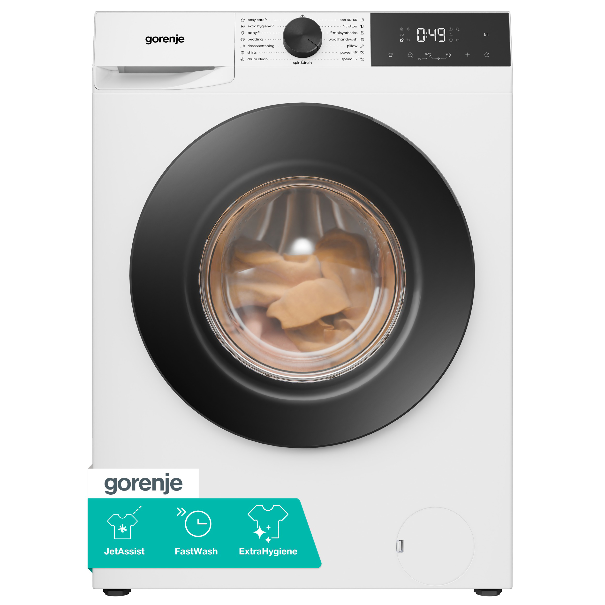 Fehér Gorenje mosógép fekete ajtóval és digitális kijelzővel, ruhákkal megrakva.
