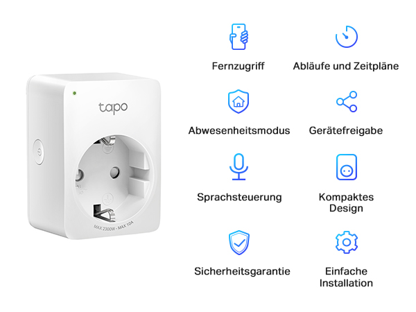 Ein weißer Tapo Smart Plug mit Icons für Fernzugriff, Zeitpläne, Sprachsteuerung.