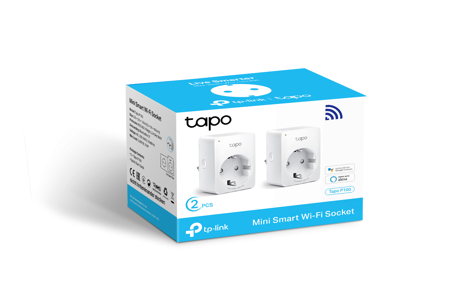 Verpackung mit zwei weißen Tapo P100 Mini Smart Wi-Fi Steckdosen.