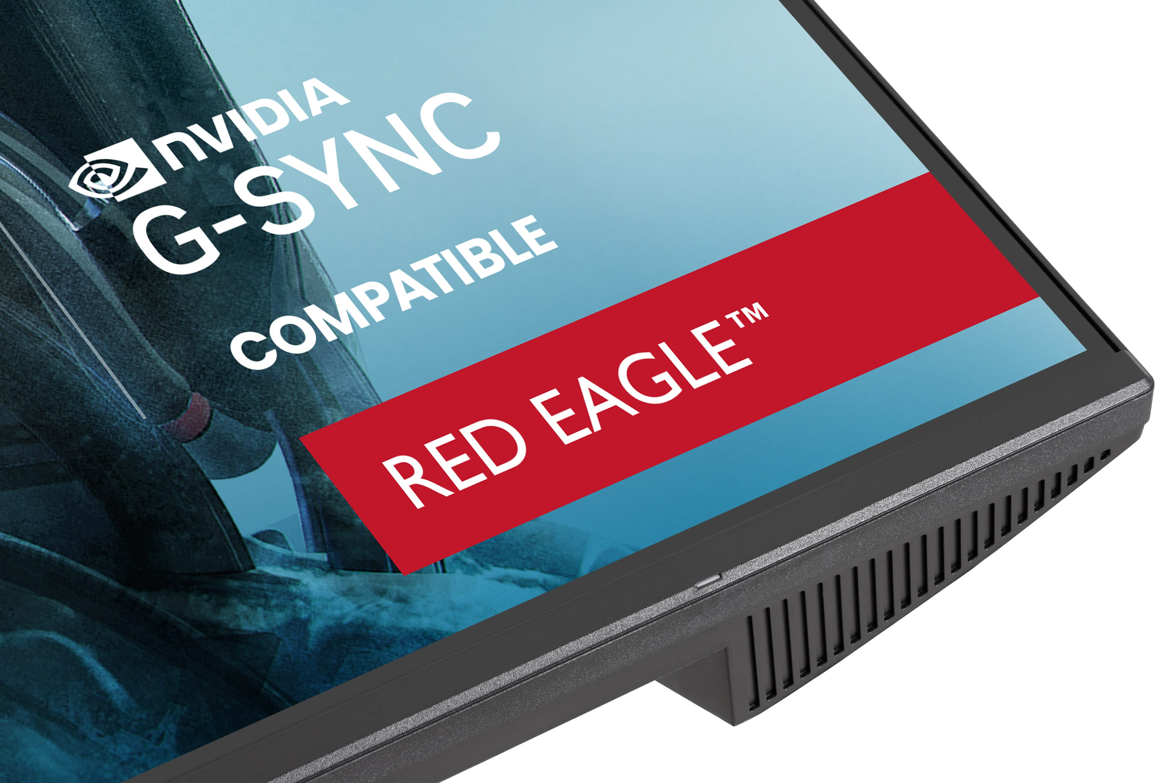 Narożnik monitora z napisem Nvidia G-Sync compatible i Red Eagle.
