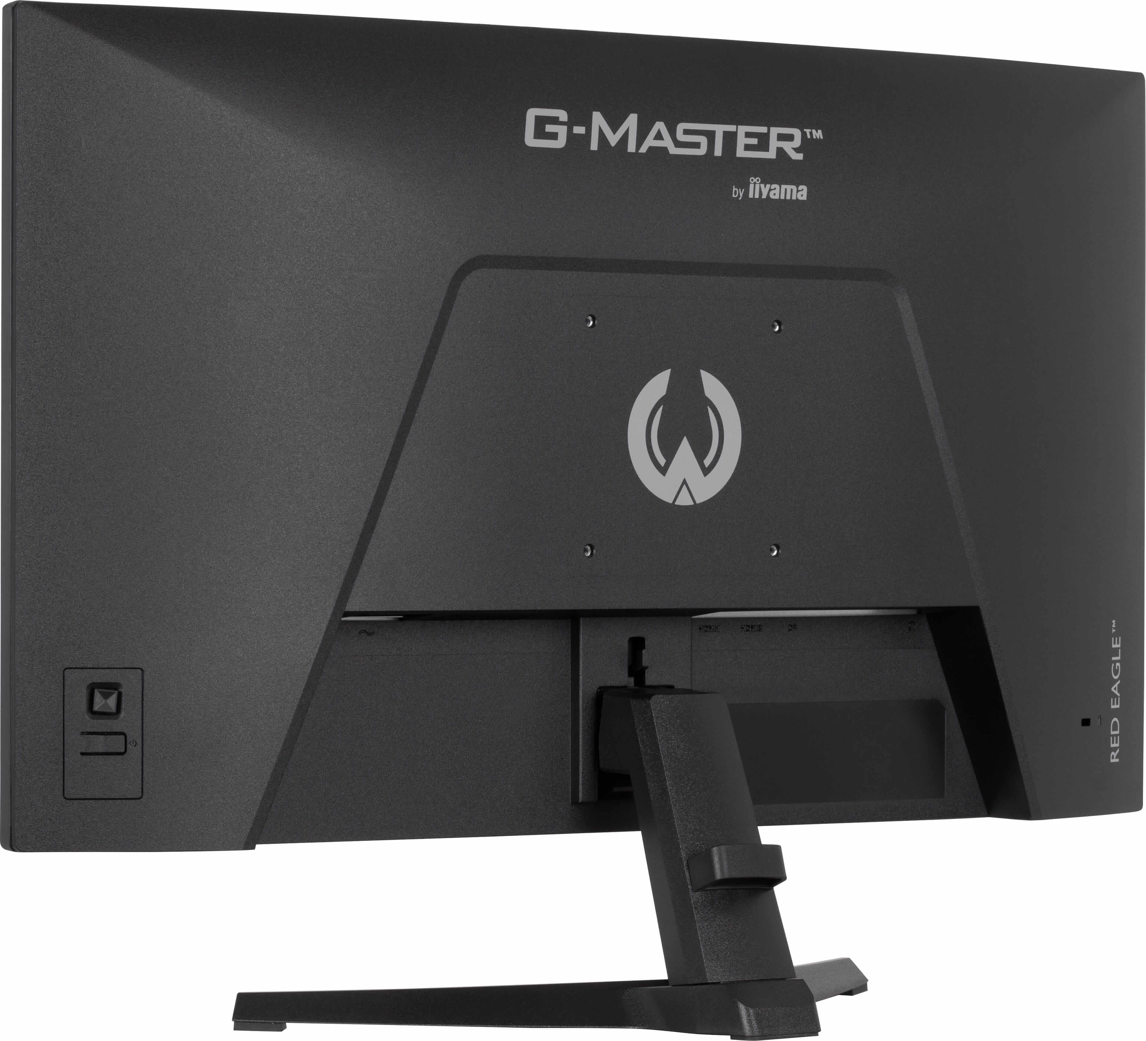 Tył czarnego monitora komputerowego iiyama G-Master ze stojakiem i logo.