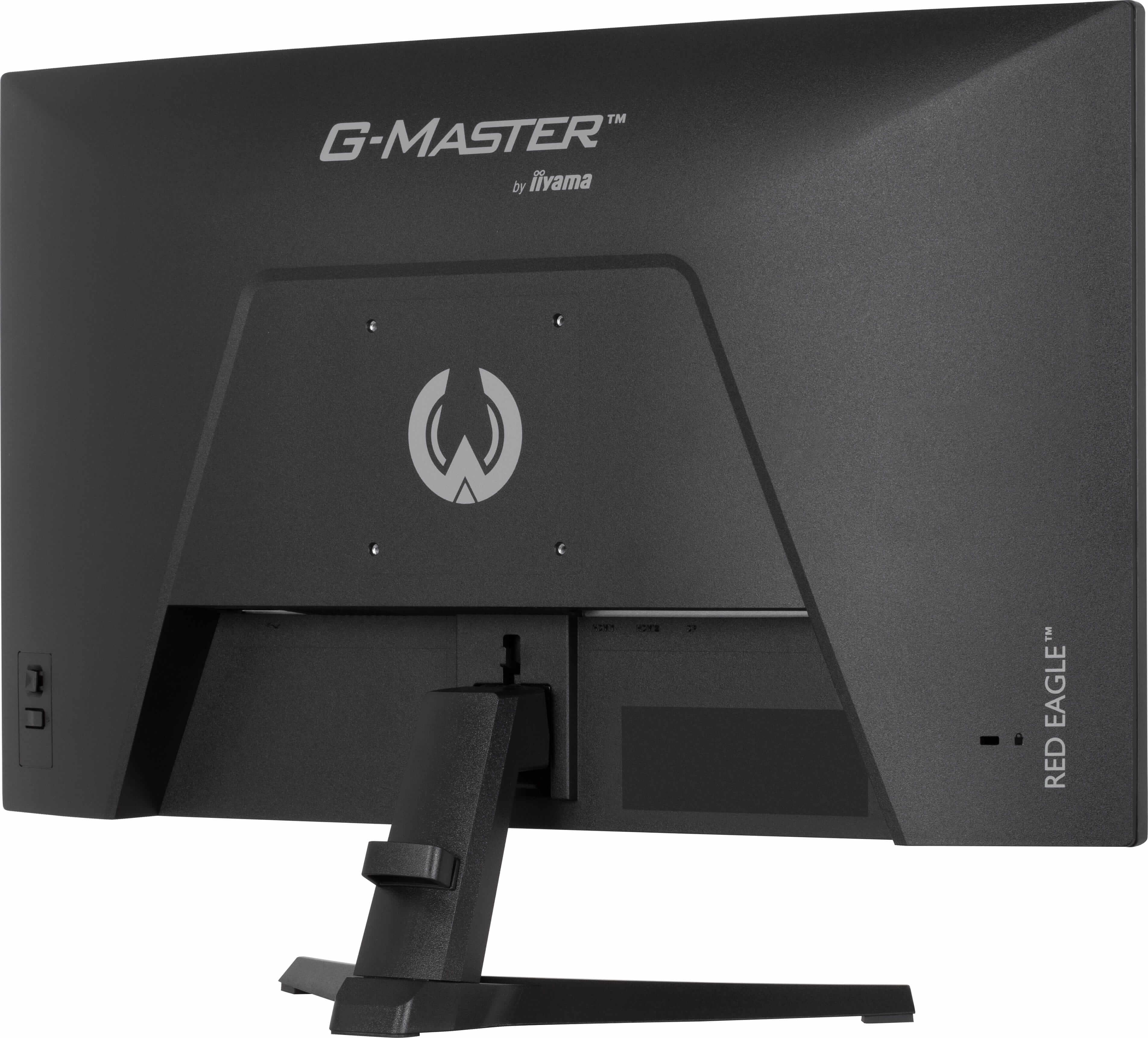 Widok z tyłu czarnego monitora iiyama G-Master z podstawą i logo.
