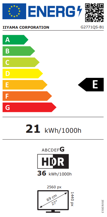 Etykieta energetyczna UE monitora Iiyama G2771QS-B1, klasa E, 21 kWh/1000h, ekran 27 cali.