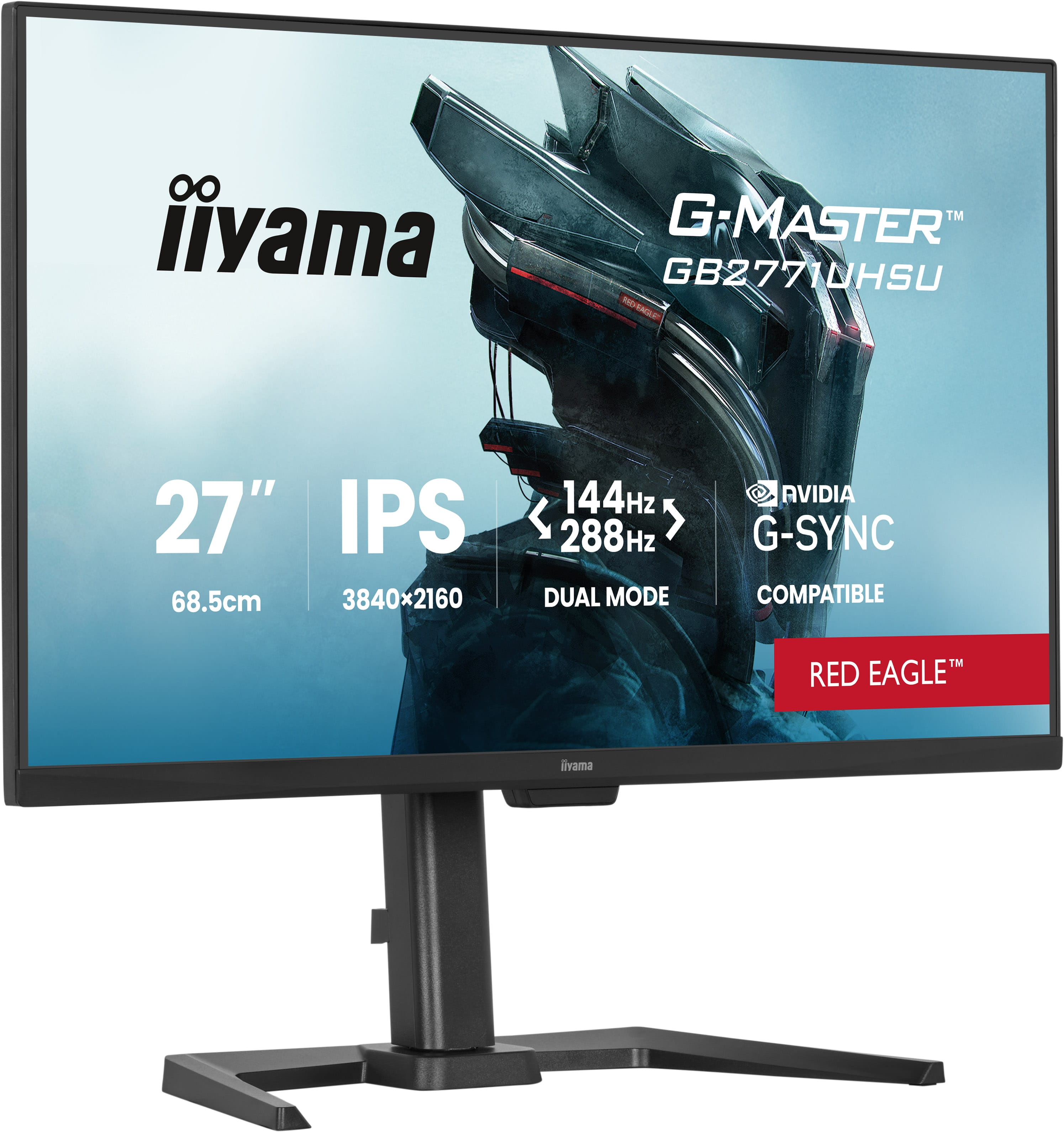 27-calowy monitor gamingowy IPS Iiyama z rozdzielczością 4K, G-Sync i czerwonymi akcentami.