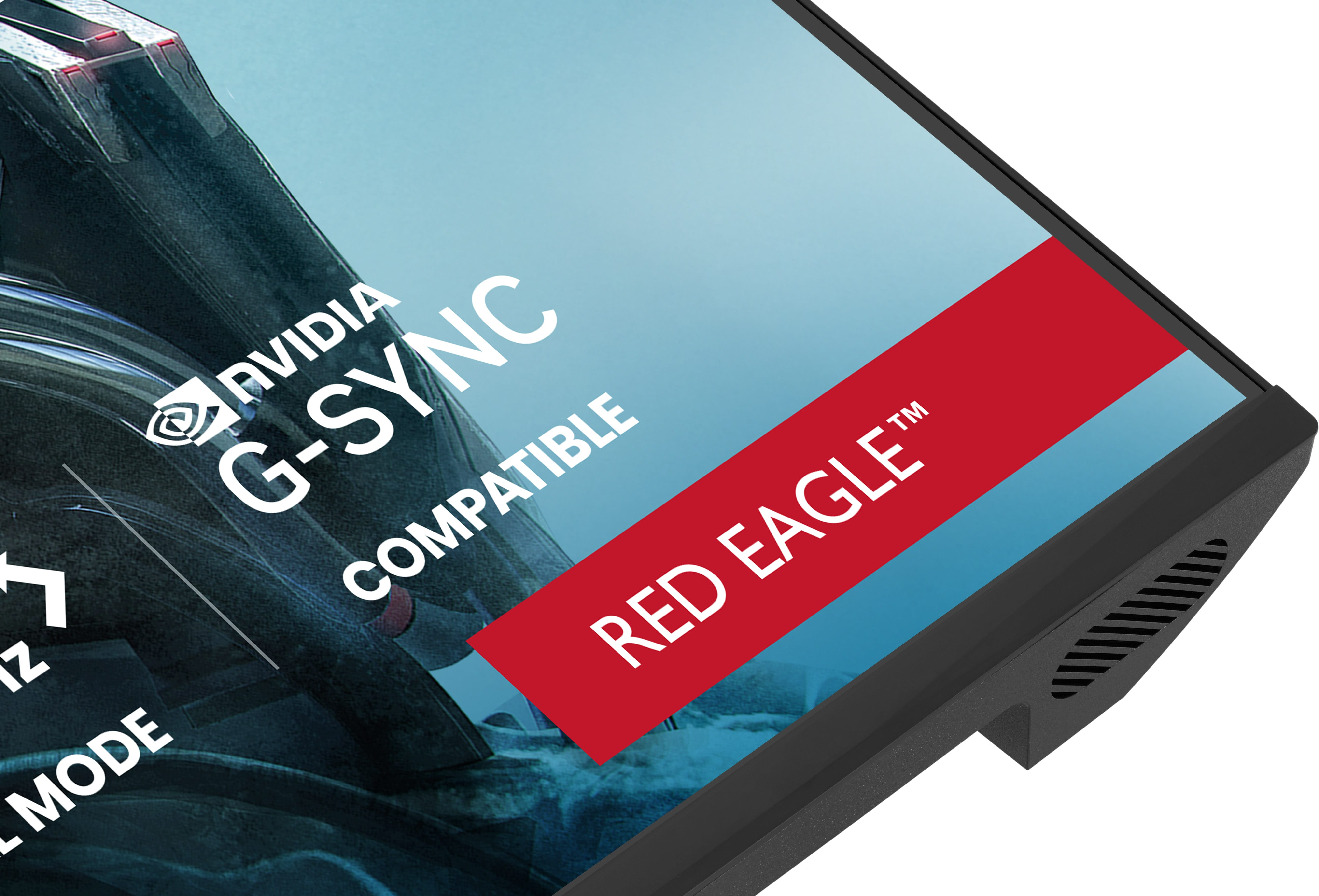 Zbliżenie monitora z logo kompatybilnym z Nvidia G-Sync i napisem Red Eagle na niebieskim tle.
