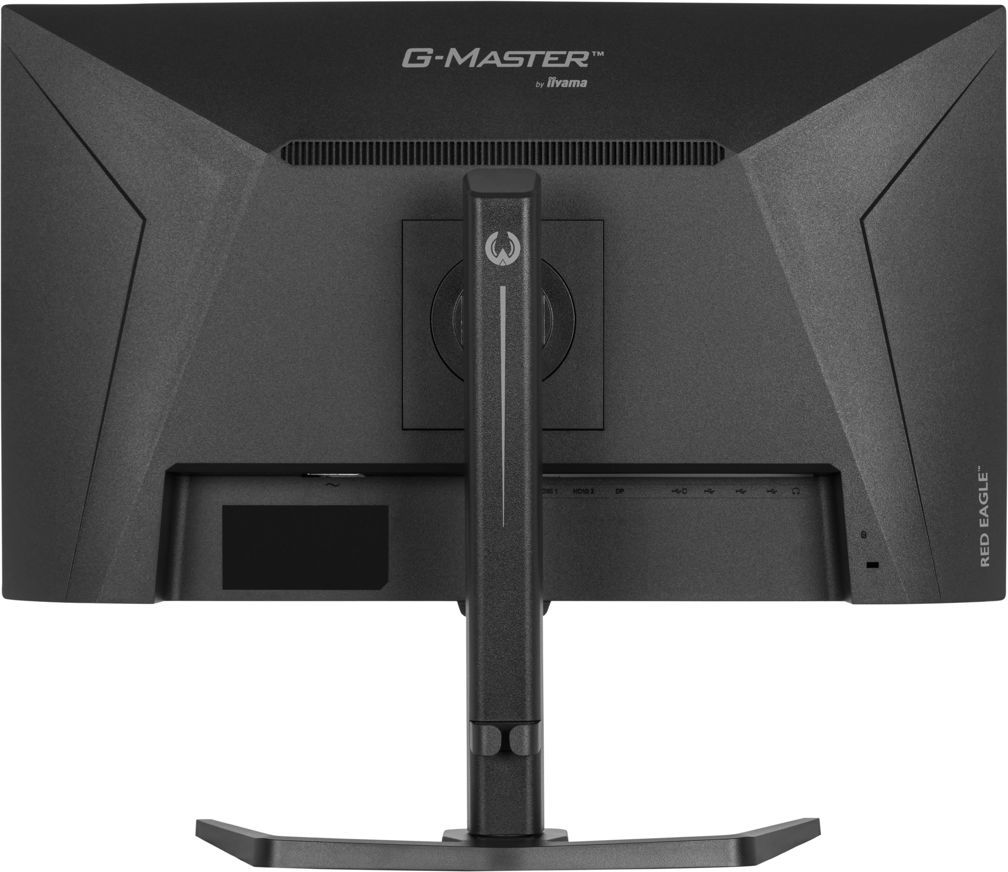 Tył czarnego monitora iiyama G-Master z podstawą, portami i logo marki na górze.