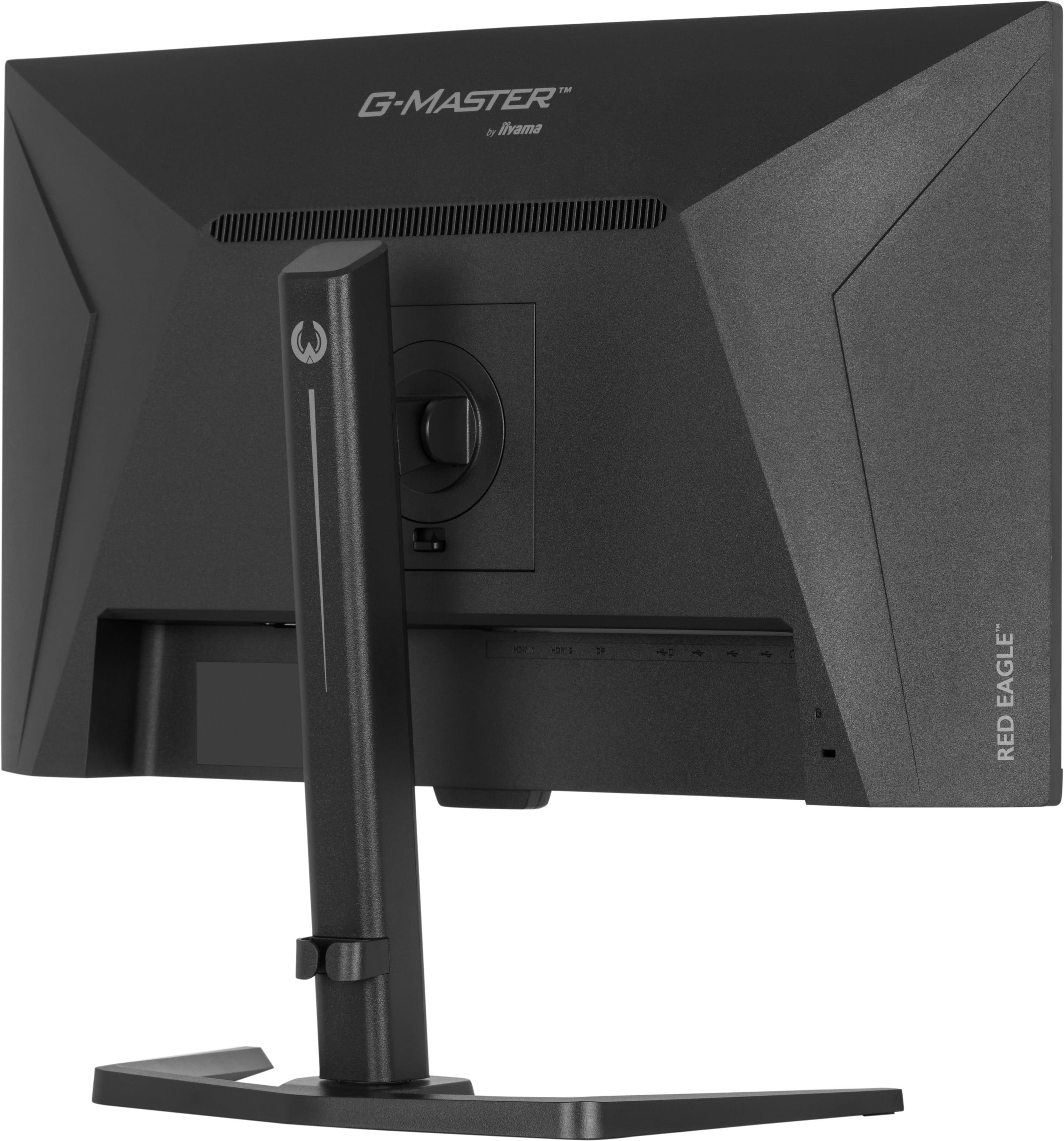 Widok z tyłu czarnego monitora komputerowego Iiyama G-Master z podstawą i portami.