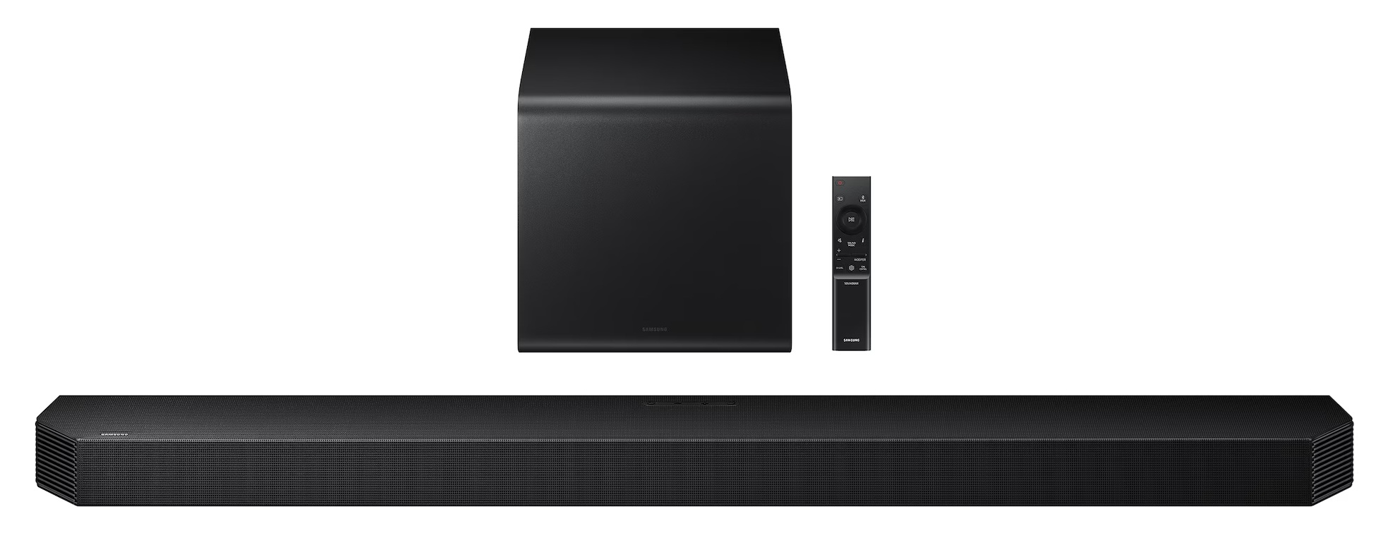 Czarna listwa dźwiękowa, subwoofer i pilot na białym tle.
