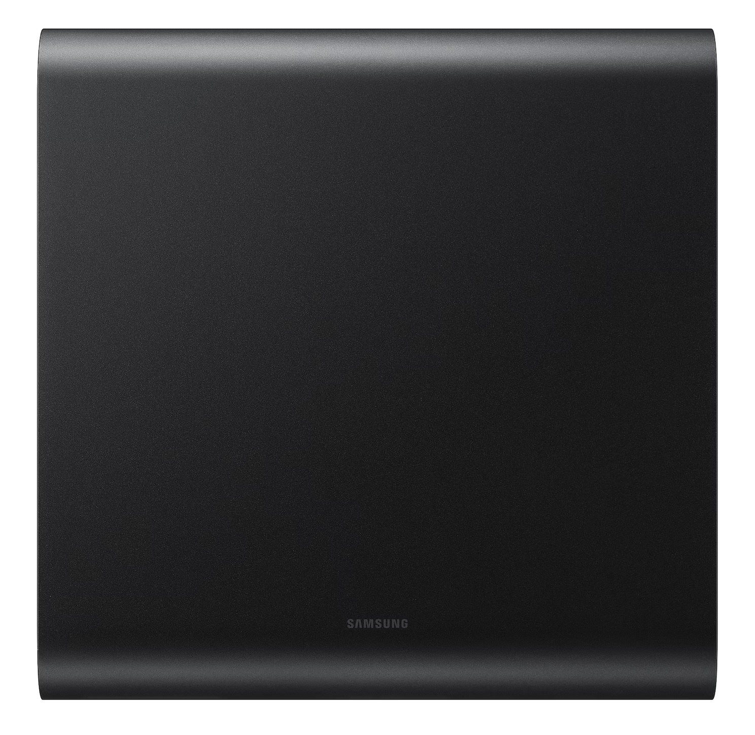 Czarny, prostokątny subwoofer z zaokrąglonymi krawędziami i logo Samsung.