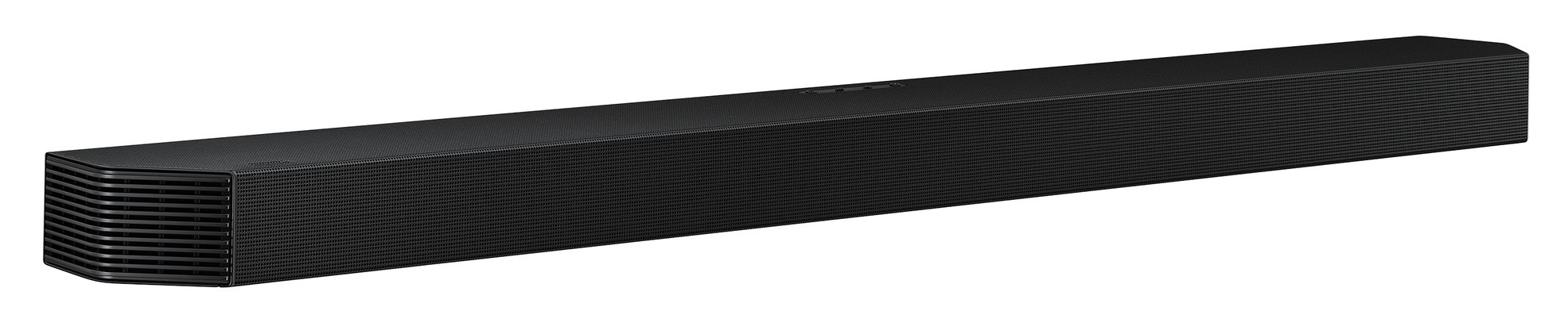 Smukły, czarny głośnik soundbar z prążkowanymi bokami i detalami wentylacyjnymi.