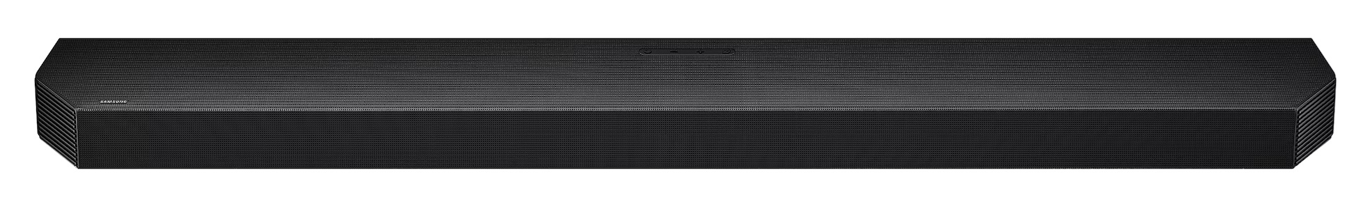 Czarny soundbar z prążkowanym frontem i srebrnym logo Samsung.