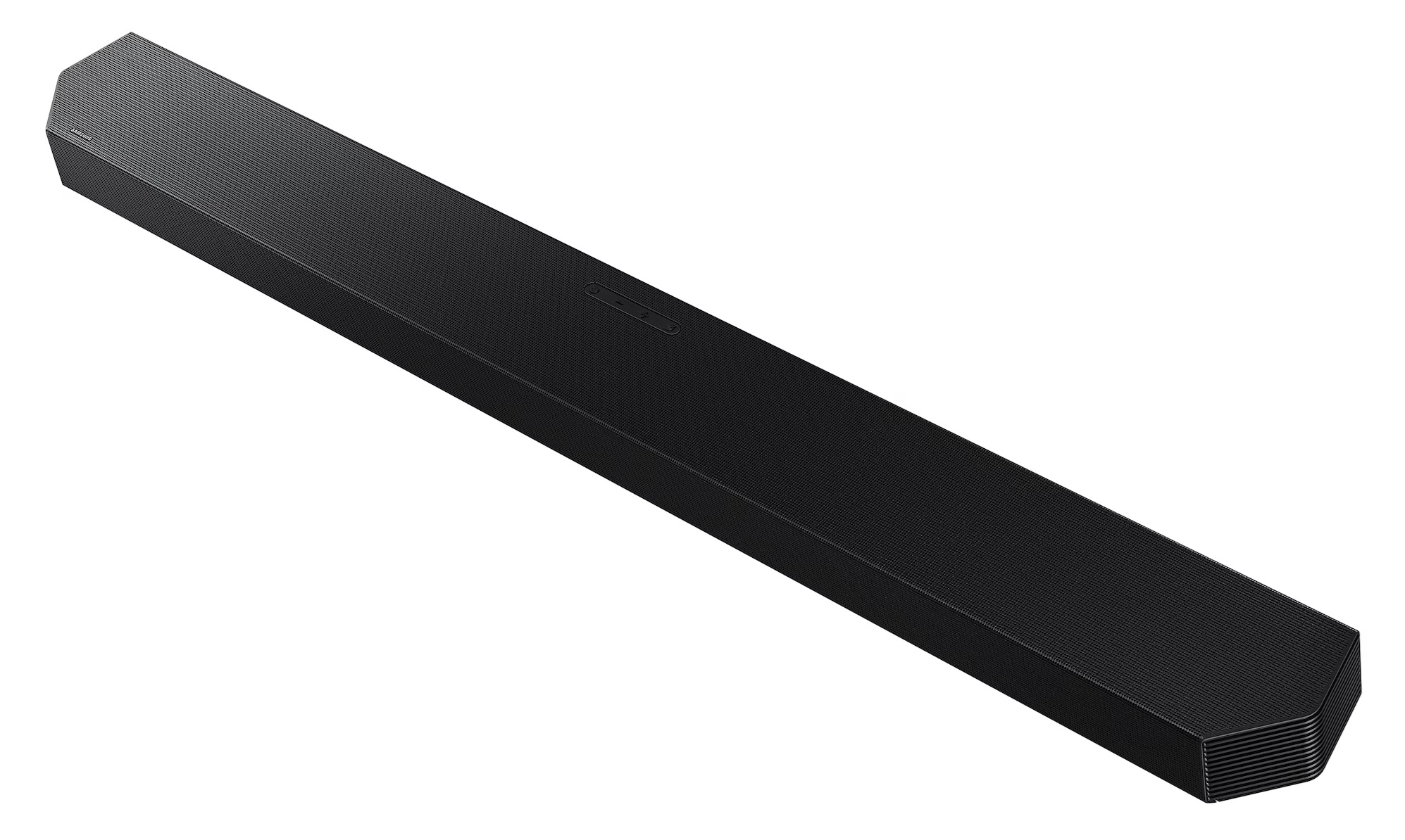 Czarny, smukły soundbar z prążkowaną fakturą i przyciskami na górze.