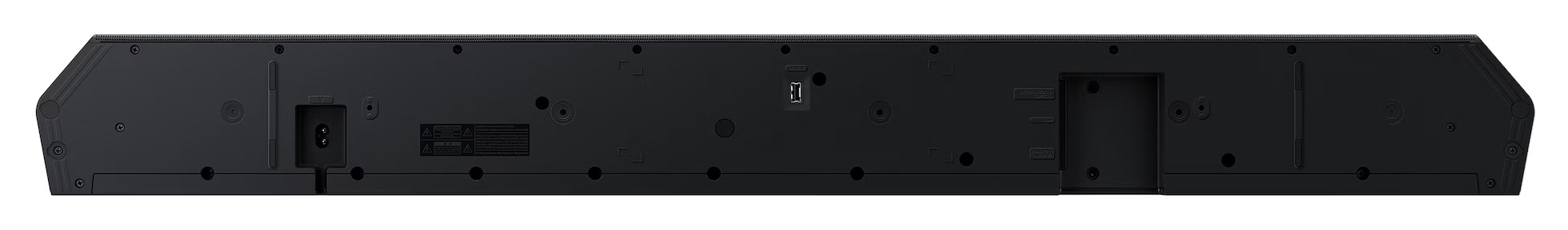Czarny soundbar z portami i śrubami z tyłu.