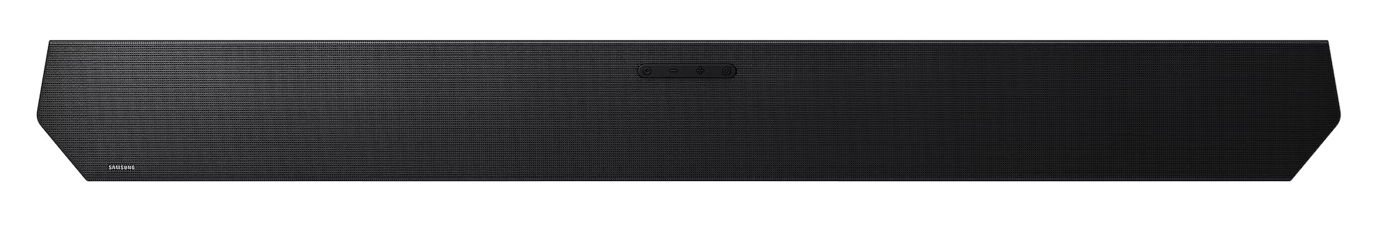 Czarny soundbar z prążkowanym frontem i przyciskami sterowania na górze.