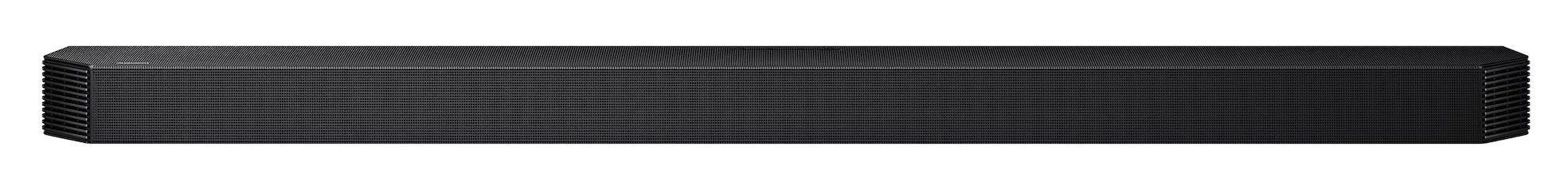 Czarny, długi soundbar z prążkowanymi bokami i maskownicą głośnika.