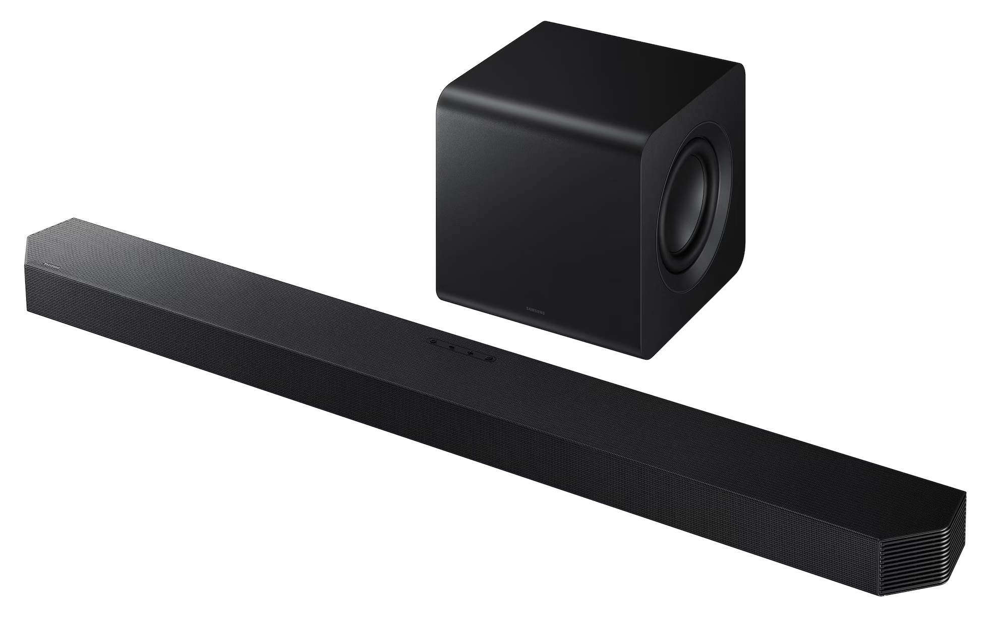 Czarny soundbar i subwoofer na białym tle.