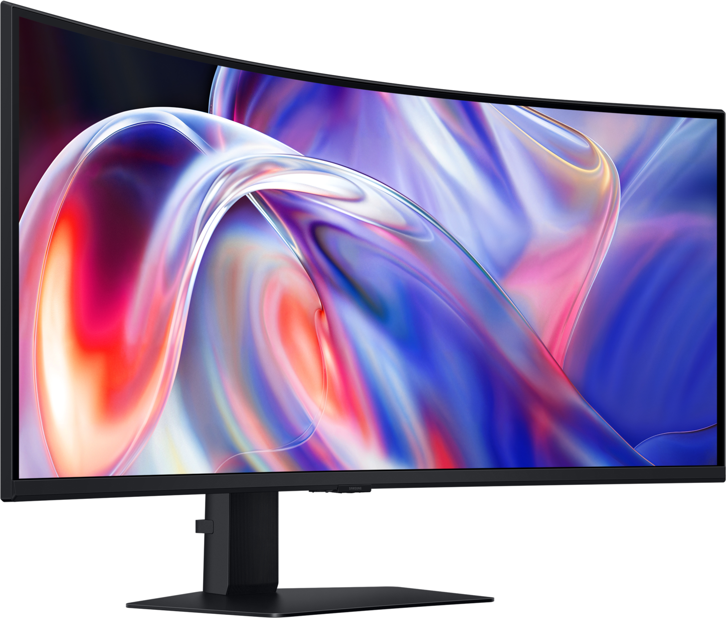 Un monitor curvo mostra un'immagine astratta e fluida nei toni del rosso, blu e viola.