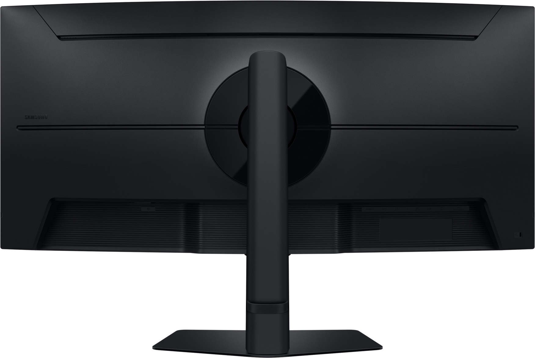 Vista posteriore di un monitor nero con logo Samsung e pannello porte.