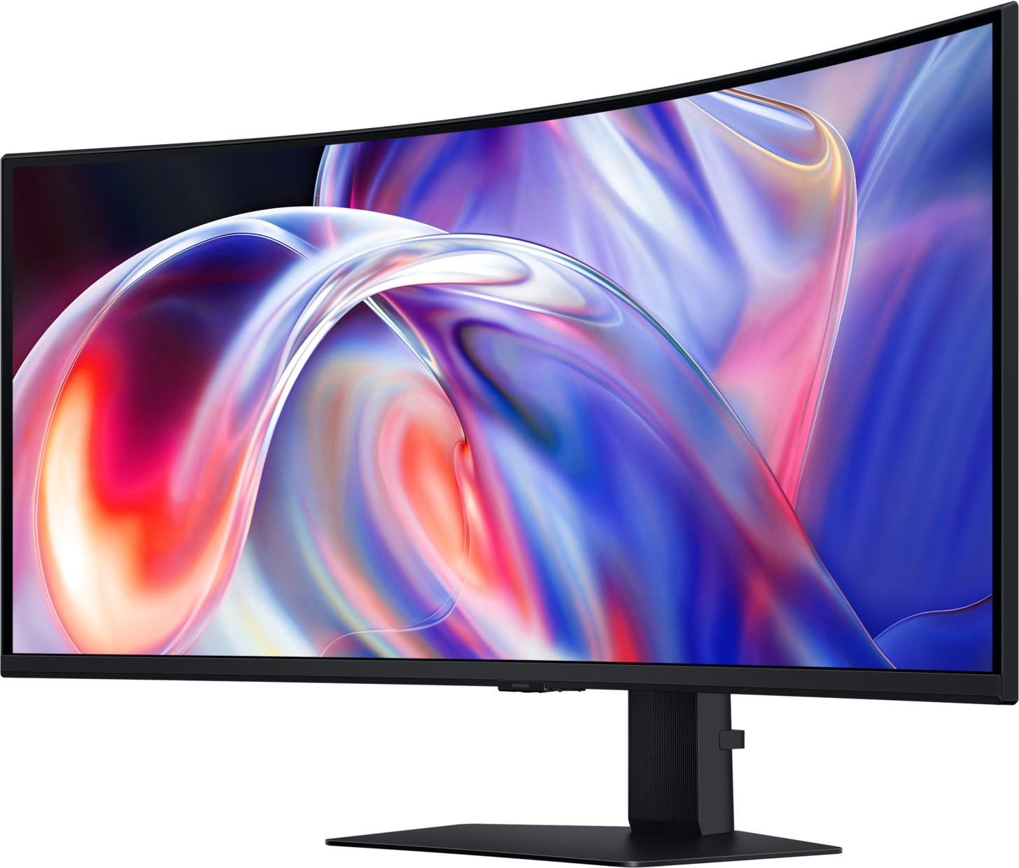 Un monitor curvo mostra un'immagine astratta e vorticosa nei toni del rosso, blu e bianco.