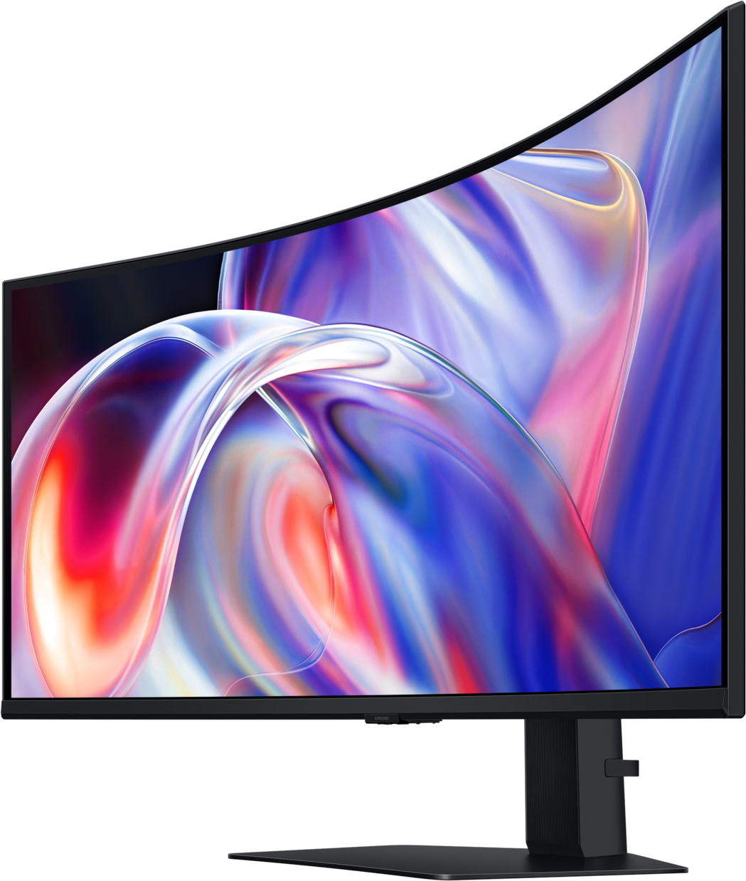 Un monitor curvo con uno sfondo astratto e colorato.