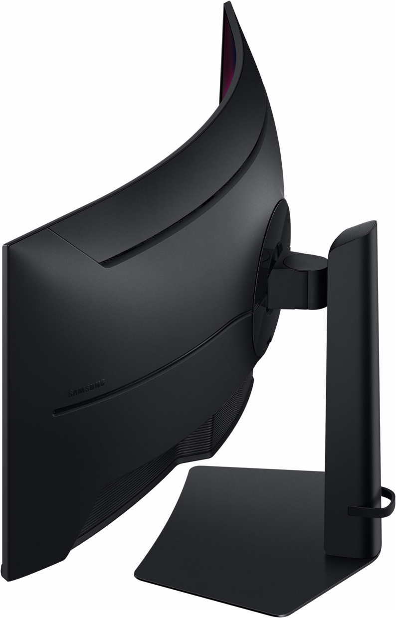 Monitor curvo Samsung nero con supporto, visto da dietro.