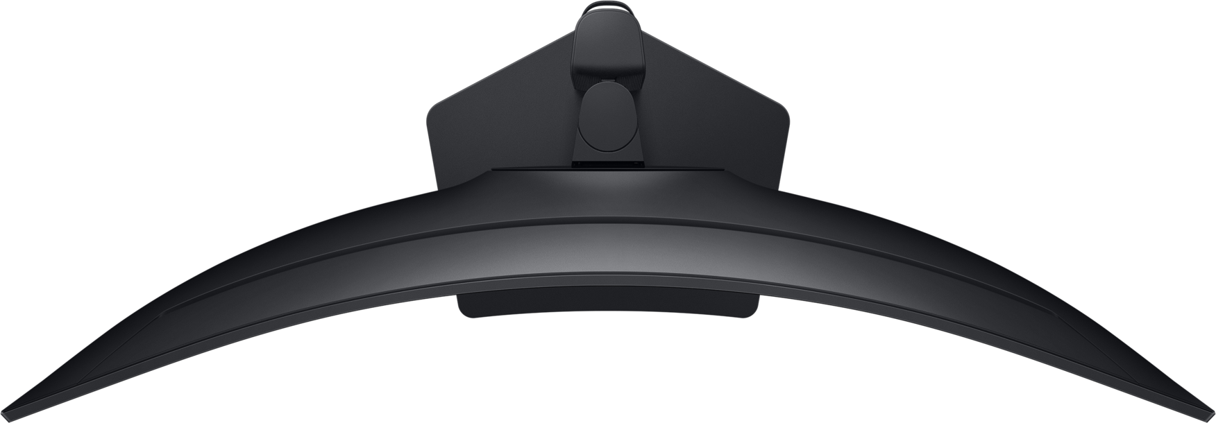 Un supporto curvo per monitor nero su sfondo bianco.