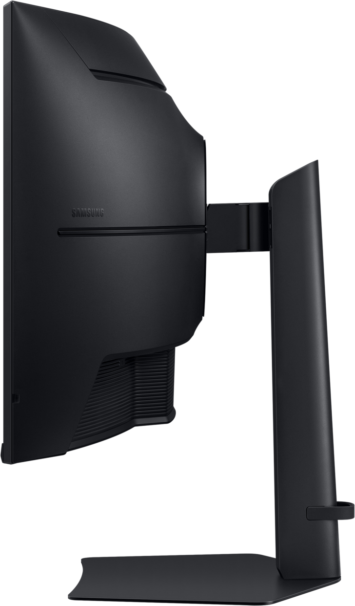 Vista laterale del retro di un monitor Samsung nero sul suo supporto.
