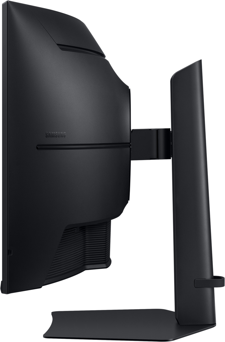 Vista posteriore di un monitor Samsung nero con supporto, visto da sinistra.