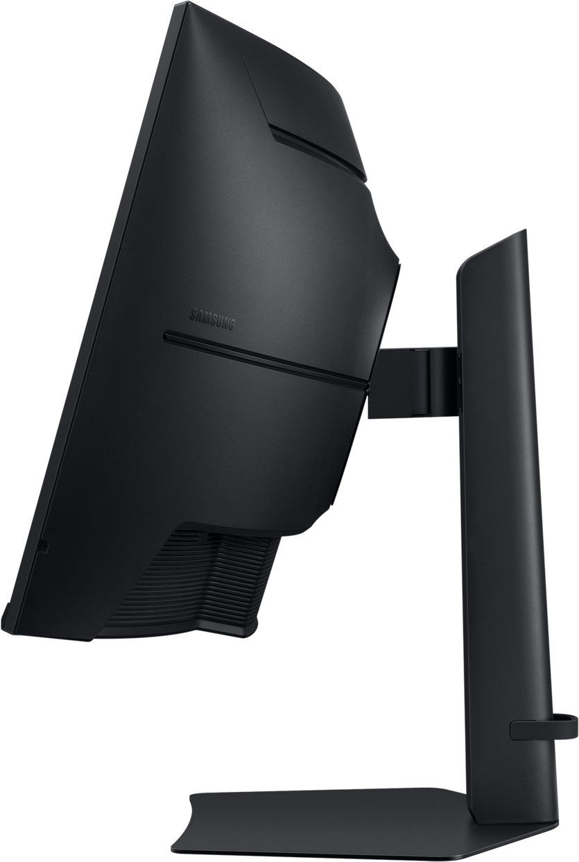 Vista posteriore di un monitor Samsung nero con supporto su sfondo bianco.