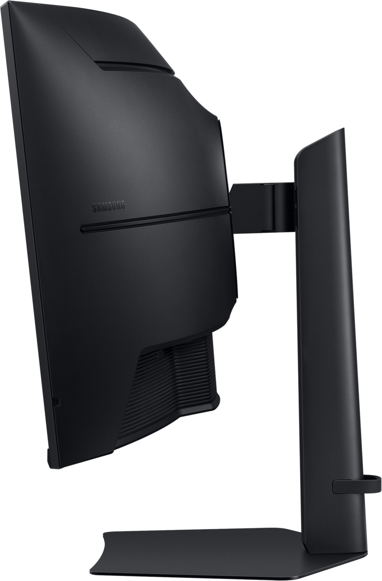 Vista posteriore di un monitor nero con logo Samsung e supporto.
