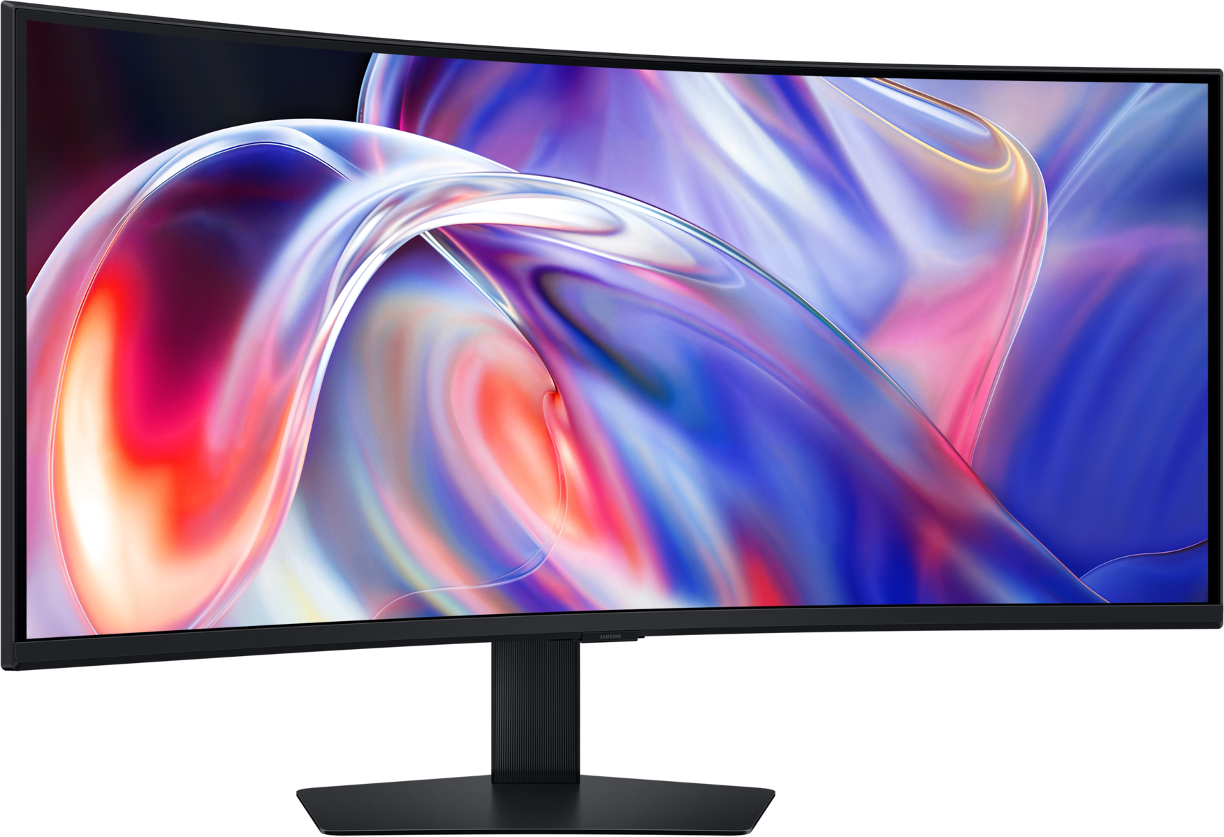 Un monitor curvo mostra un screensaver astratto e colorato.