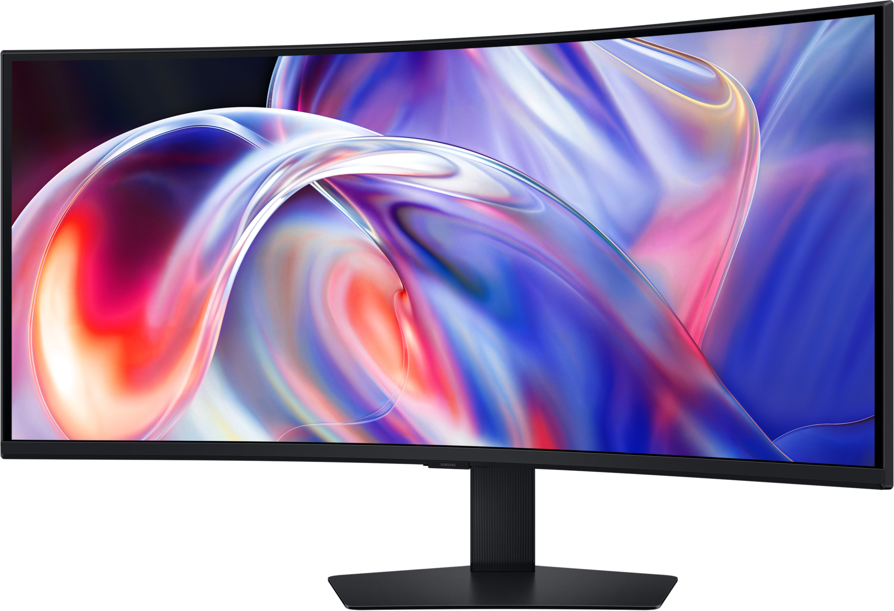Un monitor curvo mostra un motivo astratto e fluido nelle tonalità blu, rosse e bianche.