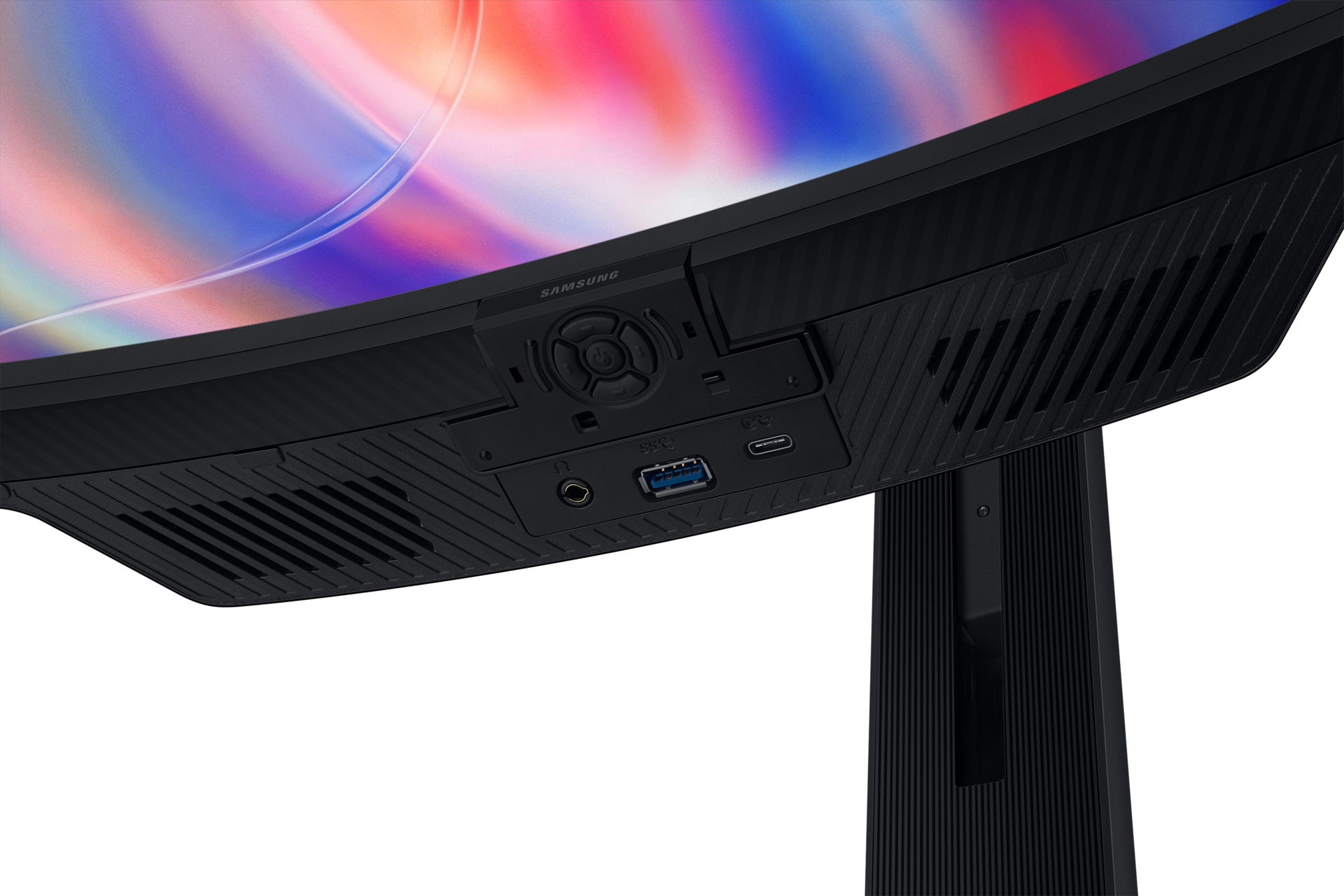 Primo piano di un monitor curvo Samsung con porte e sfondo colorato.