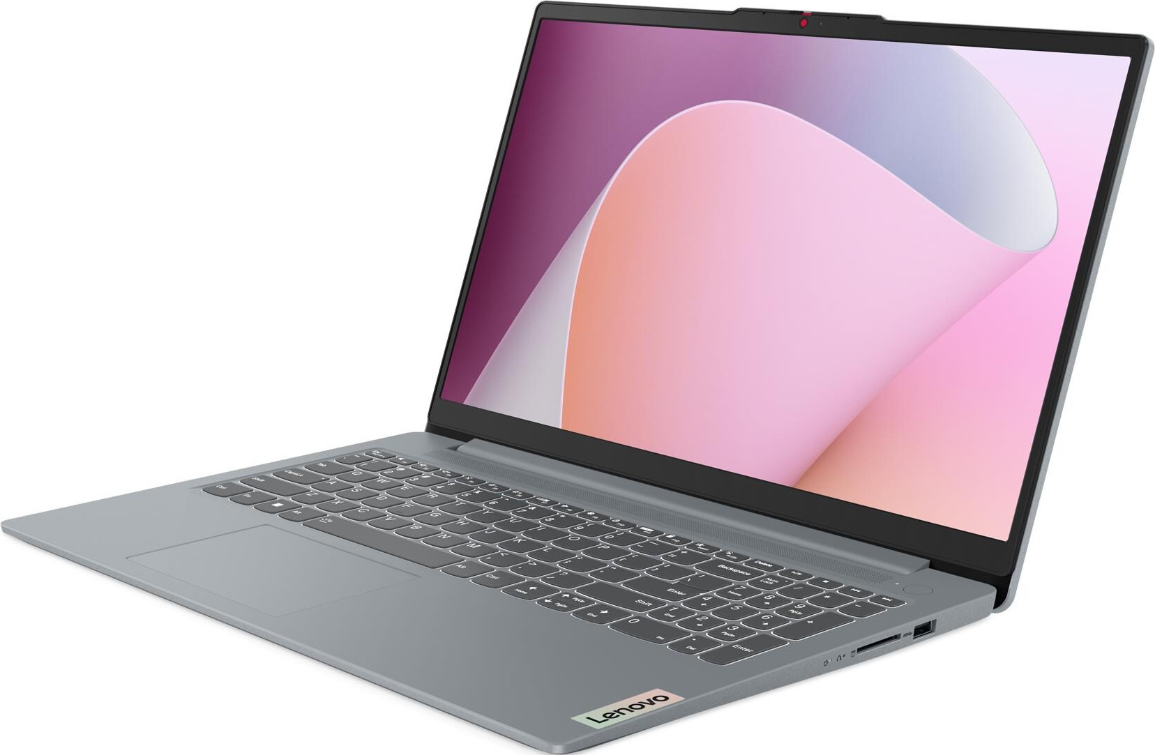 Ein geöffneter, grauer Lenovo Laptop mit einer rosa-lila Tapete auf dem Bildschirm.