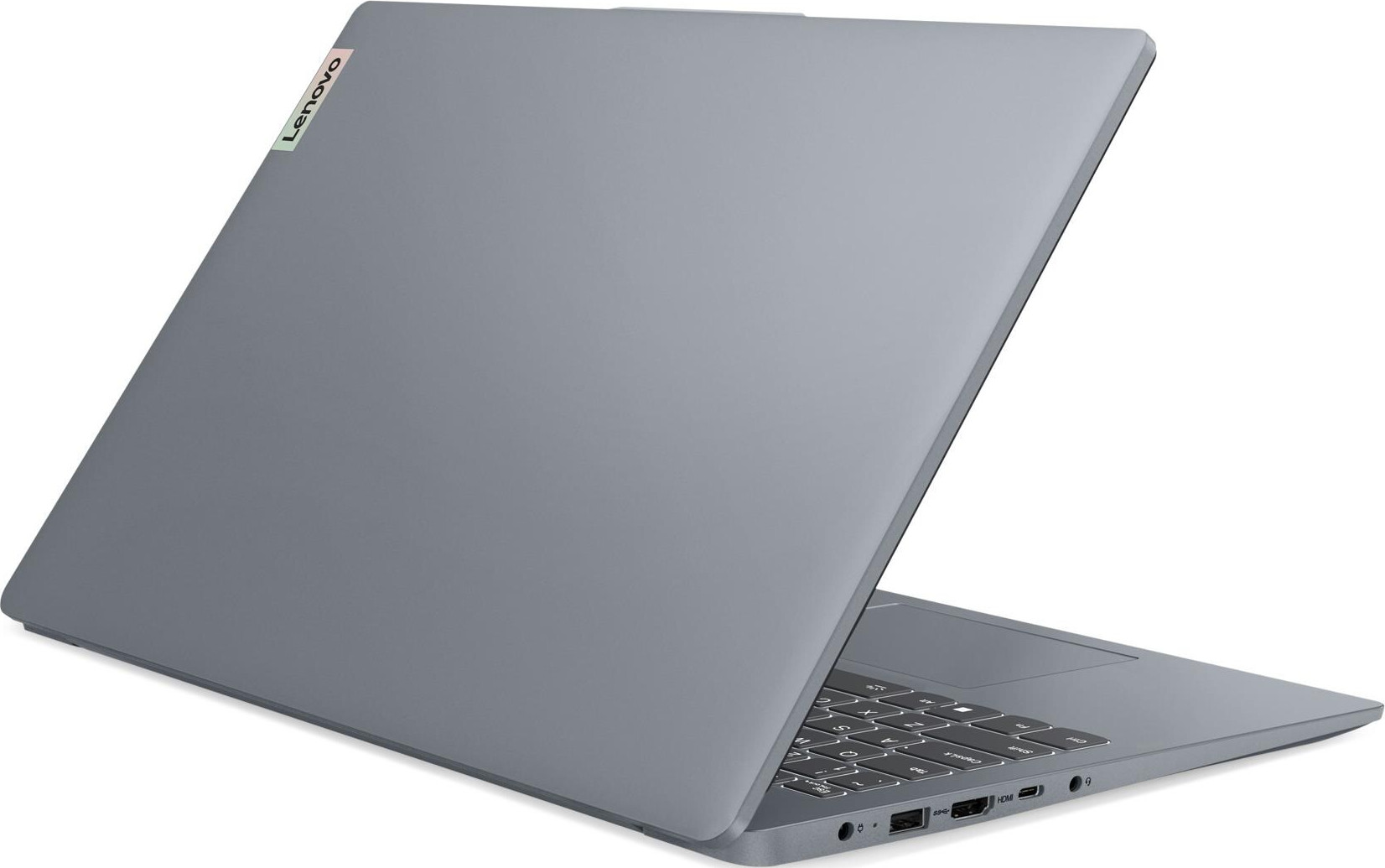 Grauer Lenovo Laptop, teilweise geöffnet, mit Tastatur und Anschlüssen.