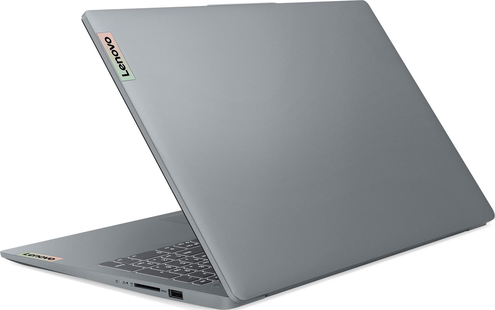 Ein graues Lenovo-Laptop ist geöffnet und zeigt die Tastatur und den Bildschirm. Das Lenovo-Logo ist sichtbar.