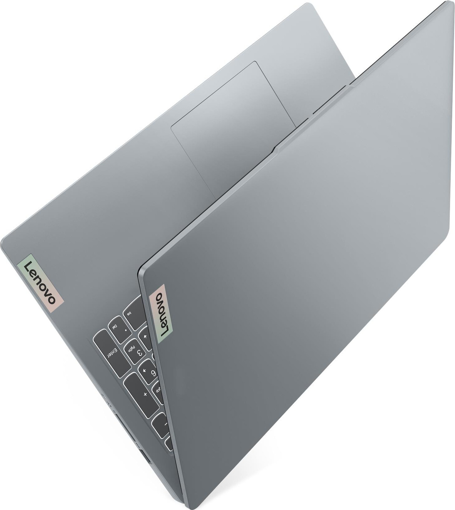Grauer Lenovo Laptop mit Tastatur und Touchpad, diagonal von oben gesehen.