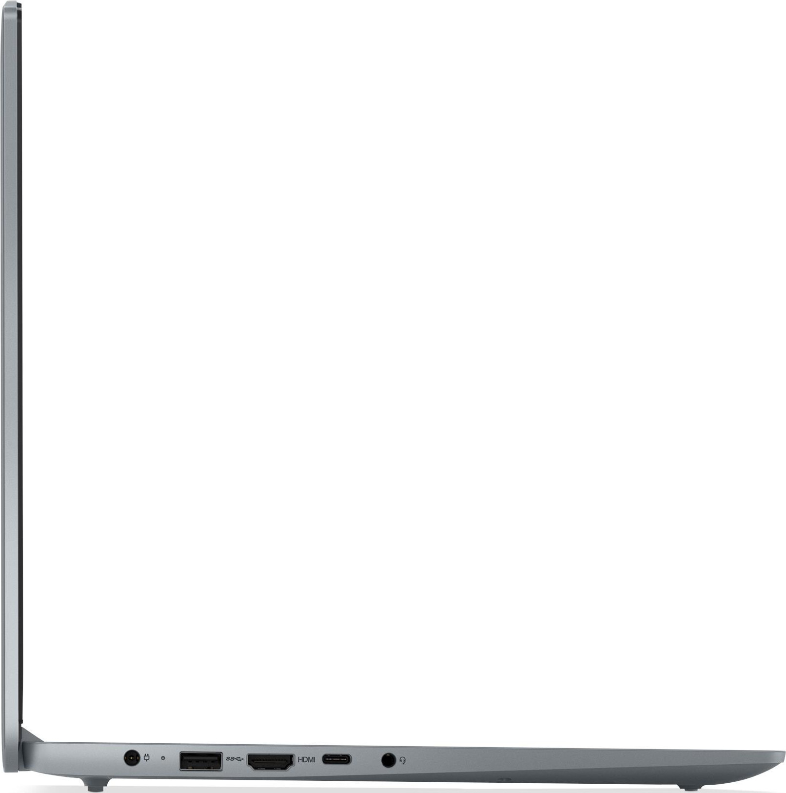 Seite eines Laptops mit Anschlüssen: Strom, USB-C, HDMI, USB-A, Kopfhörer.