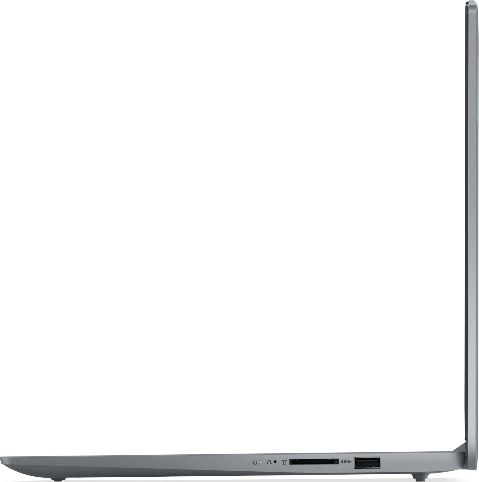 Grauer Laptop von der Seite, mit Anschlüssen wie USB und SD-Kartenleser.