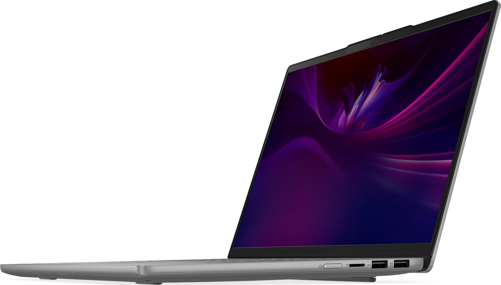 Ein silberner Laptop ist geöffnet und zeigt ein lebendiges lila-pinkes abstraktes Hintergrundbild.