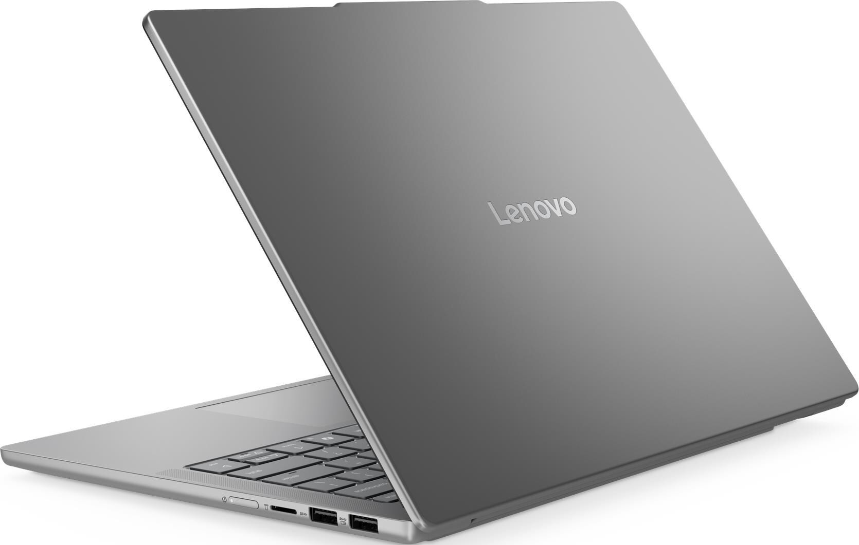 Ein geschlossener, silberner Lenovo Laptop aus Metall mit Logo auf der Oberseite.