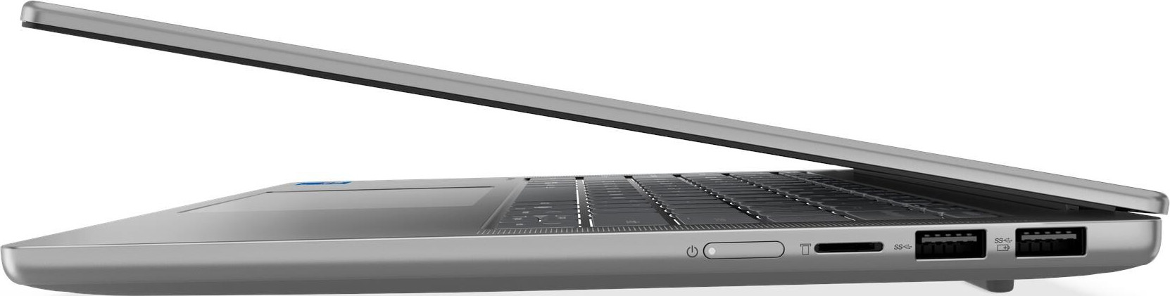 Silberner Laptop im Seitenprofil, teilweise geöffnet, mit Tastatur und Anschlüssen.