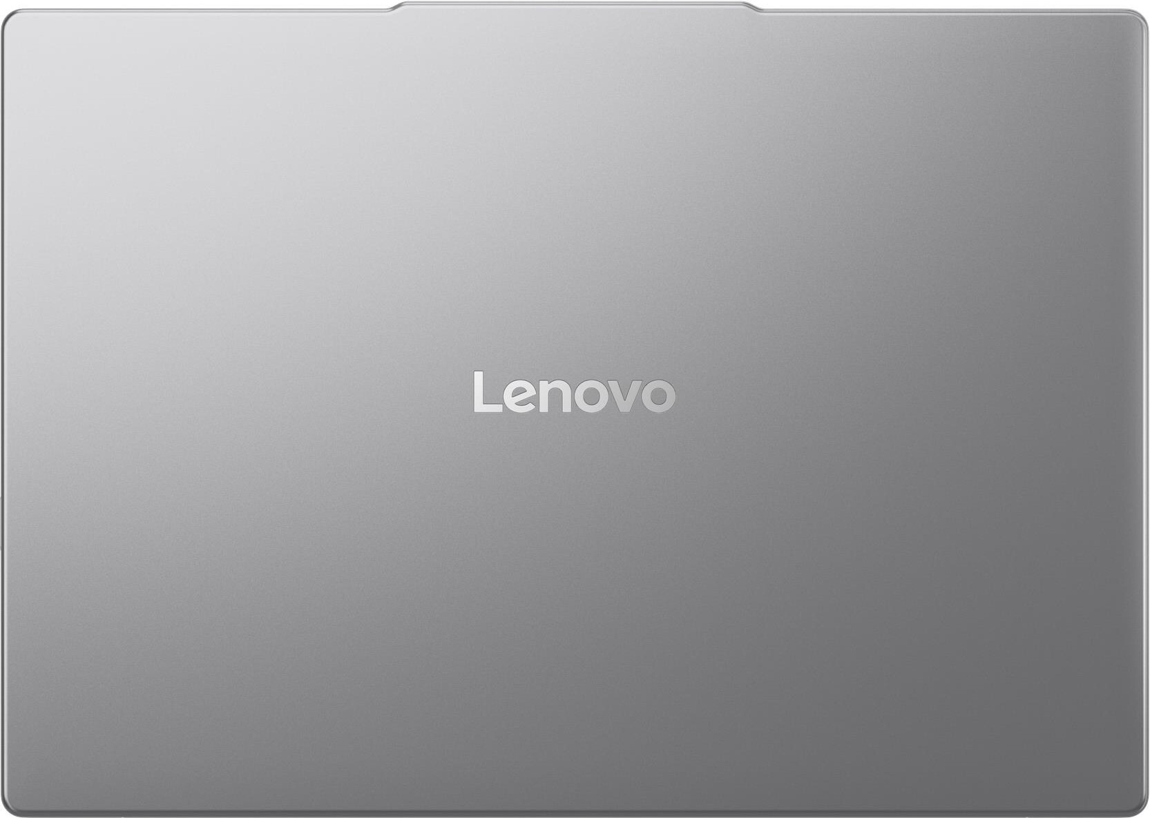 Grauer Laptop mit silbernem Lenovo-Logo in der Mitte.