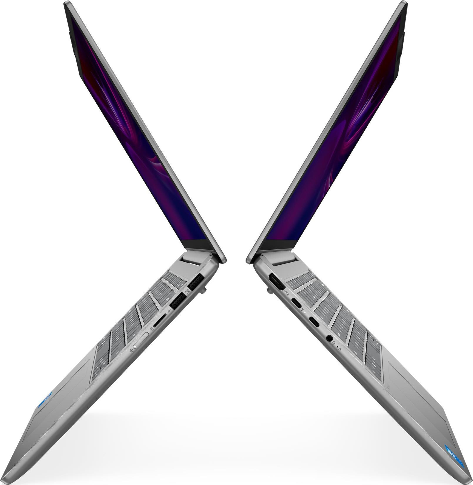 Zwei geöffnete silberne Laptops, die sich gegenüberstehen, mit lila Bildschirminhalt.