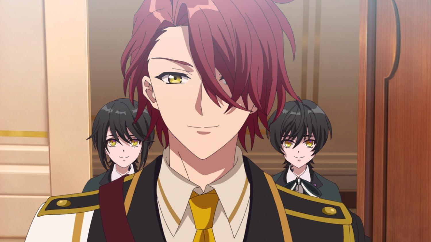 Drei Anime-Charaktere mit roten und schwarzen Haaren und gelben Augen tragen Uniformen.