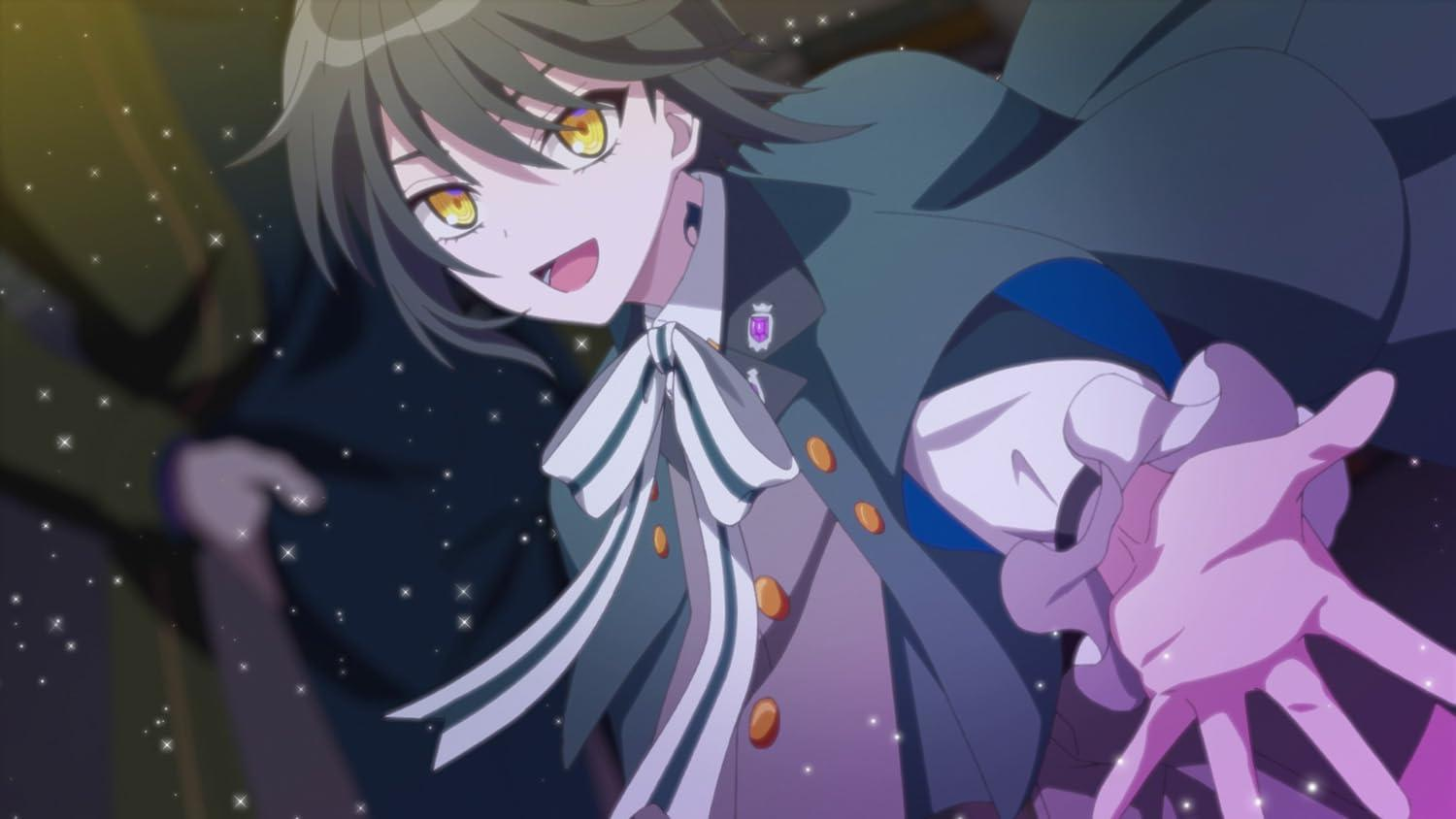 Eine Anime-Figur mit grünen Haaren und gelben Augen trägt einen dunklen Umhang.