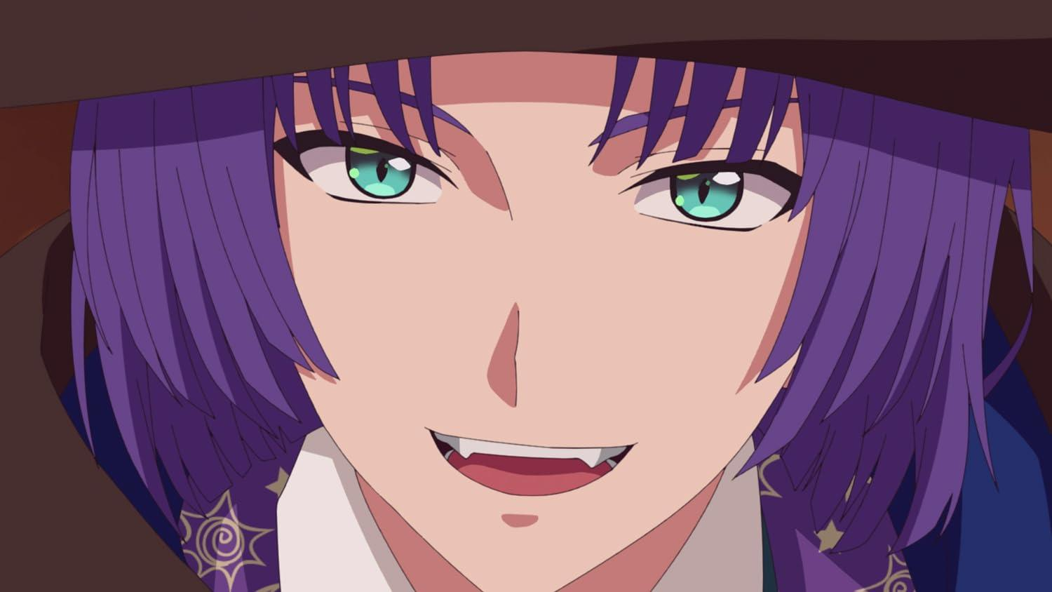 Anime-Figur mit lila Haaren und grünen Augen, trägt einen Hut und ein Outfit.